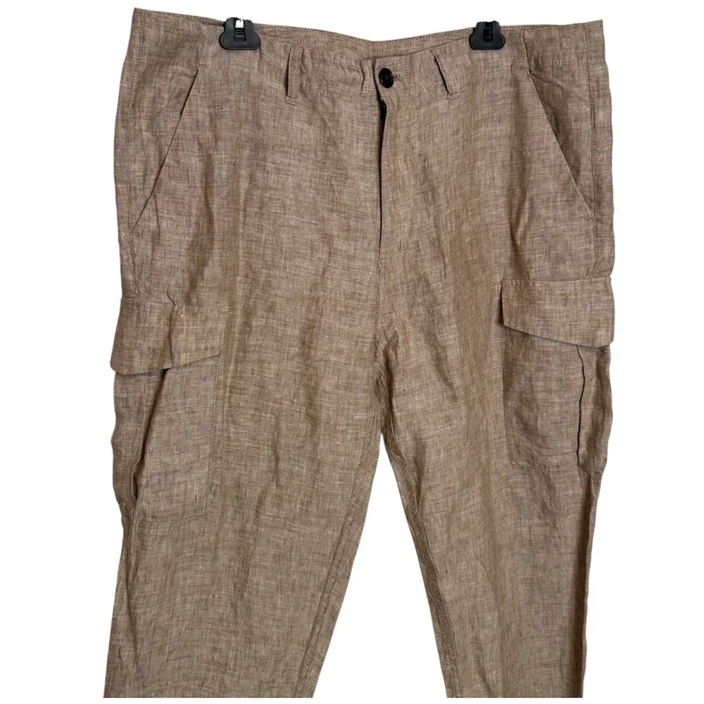 Armani Exchange Cargo Pants Mens 38 Tan Khaki 100% Linen Multi Pocket Utility